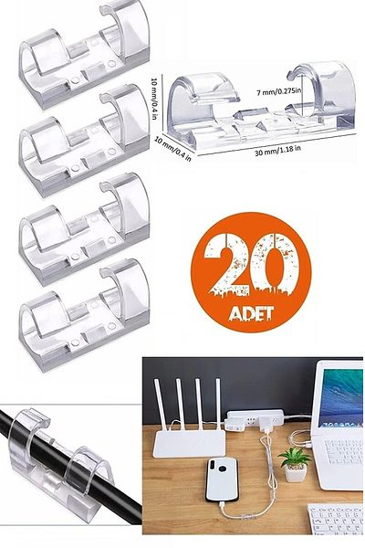 Neler Geldi Neler 20 Pieces Cable Fixer - Wall Tile and Glass Cable Holder Adhesive Clip