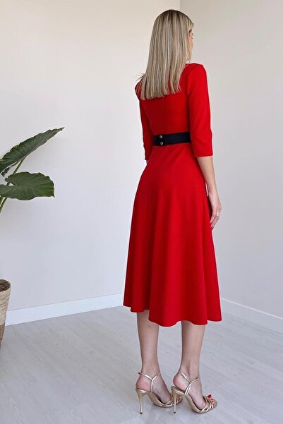 vuvutasarım New Season Crepe Fabric Belted Short Sleeve Window Collar Midi Length Women's Dress 075
