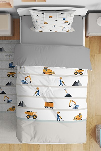 EVPANYA İnşaat Araçları Desenli Tek Kişilik Bebek Çocuk Nevresim Seti