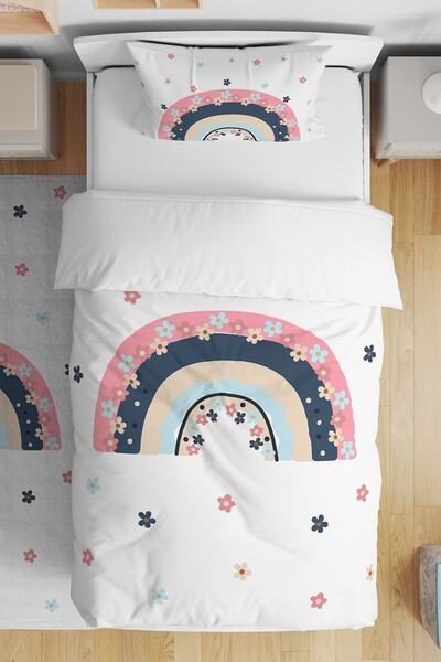 EVPANYA Papatyalı Gökkuşağı Desenli Tek Kişilik Bebek Çocuk Nevresim Seti