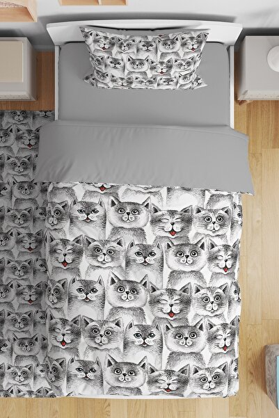 EVPANYA طقم سرير أطفال فردي منقوش عليه قطط لطيفة باللون الرمادي