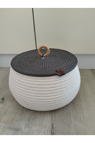 karelim home منظم ديكور متعدد الأغراض بحبل الجوت سلة بيضاء مع غطاء 25x15