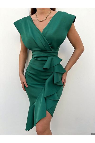 modakyra Legend Γυναικείο Πράσινο Φόρεμα Scuba Fabric Midi με βολάν μπροστά