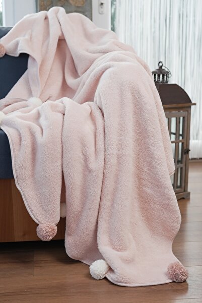 cakka Wellsoft Peluş Ponponlu Tek Kişilik Tv Battaniyesi | Pudra