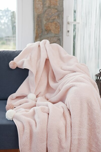 cakka Wellsoft Peluş Ponponlu Tek Kişilik Tv Battaniyesi | Pudra
