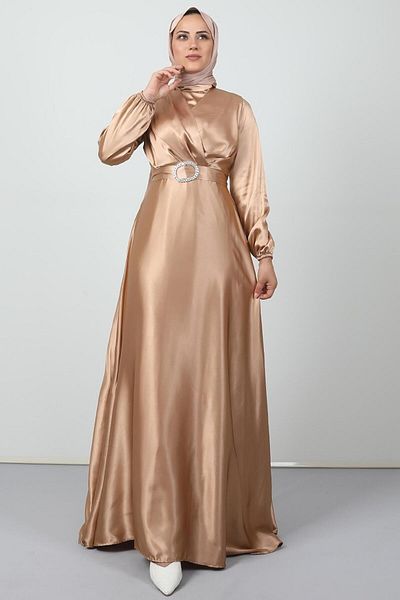 Giza Giyim Belted Satin Evening Dress Biscuit