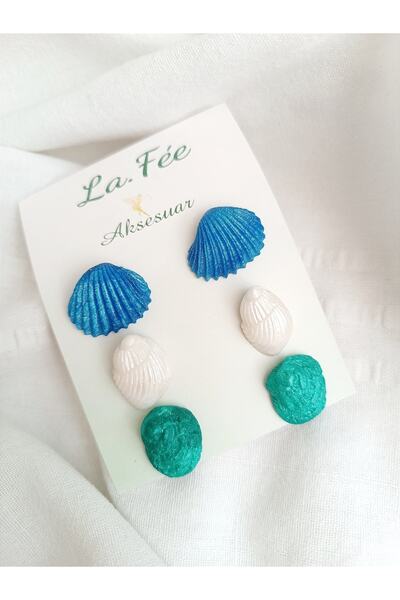 La fee aksesuar Set of 3 shell blue & green & white polymer clay earrings