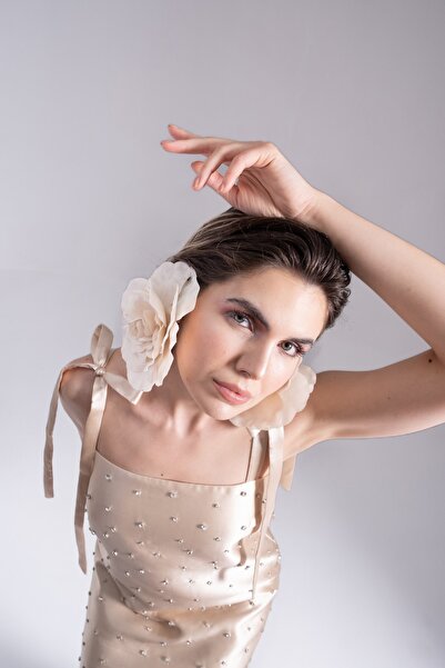 isolamia Taş Işlemeli Mini Bej Elbise