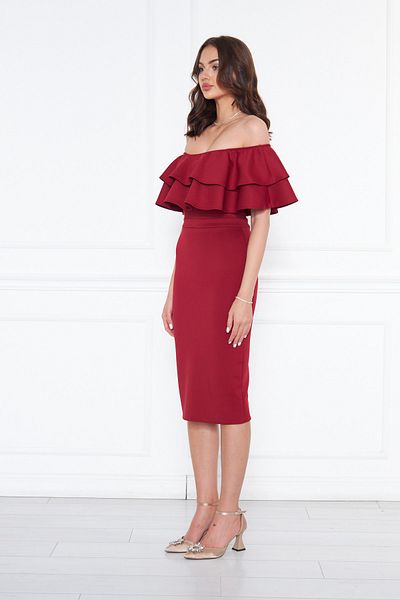 NO48 Burgundy Boat Neck Ruffle Detail Stretch Fabric Off Shoulder Midi Length Evening Dress Pencil Dress