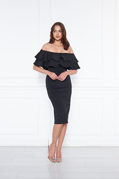 NO48 Rochie de seară cu volan, cu decolteu barcă neagră, țesătură elastică, fără umăr, rochie creion