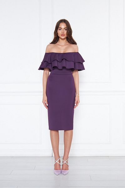 NO48 Plum Boat Neck Ruffle Detail Stretchy Fabric Off Shoulder Midi Length Evening Pencil Dress