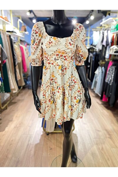 Quzu Desenli Elbise - Krem