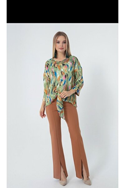 BUTİKELİSA ÖNDEN YIRTMAÇLI TABA RENGİ İSPANYOL PAÇA PANTALON