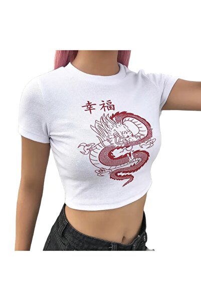 Jose Clothing Γυναικεία λευκή εμπριμέ κοντομάνικη μπλούζα που εφαρμόζει στο σώμα