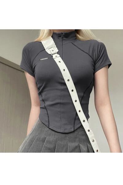 Köstebek Zippered Corset Cut Smoked Crop T-Shirt