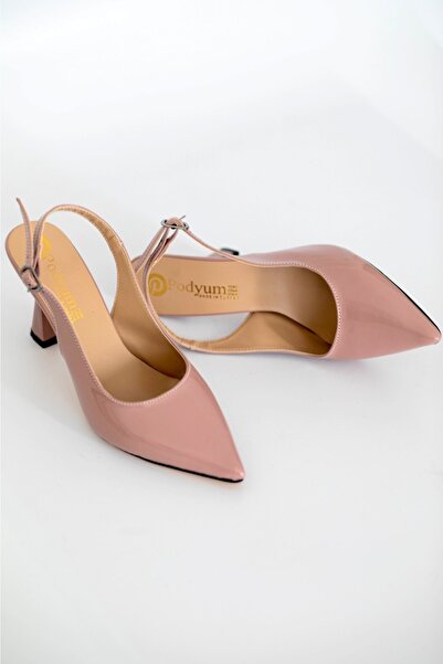 Ayakkabı Podyumum جلد السلمون اللامع - حذاء بكعب كلاسيكي مفتوح من الخلف بطول ...