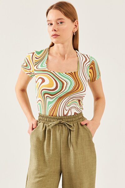 schlank Жіноча блузка з віскози з ефектом екрю, кавовим візерунком, квадратним коміром і короткими рукавами