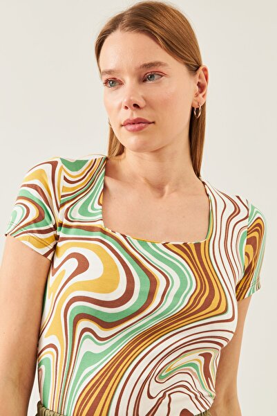 schlank Жіноча блузка з віскози з ефектом екрю, кавовим візерунком, квадратним коміром і короткими рукавами