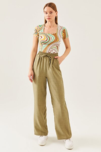 schlank Жіноча блузка з віскози з ефектом екрю, кавовим візерунком, квадратним коміром і короткими рукавами