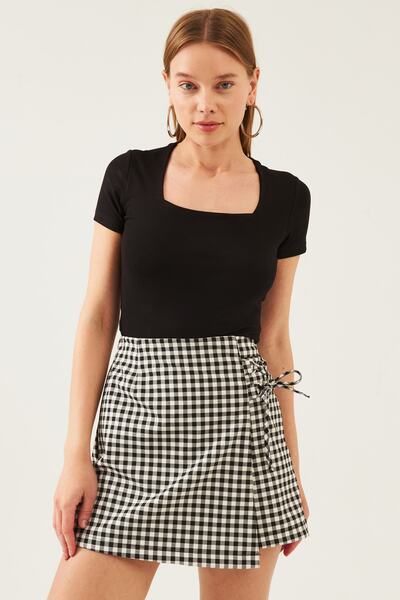 schlank Γυναικεία μπλούζα βισκόζης με κοντό μανίκι μαύρο τετράγωνο γιακά