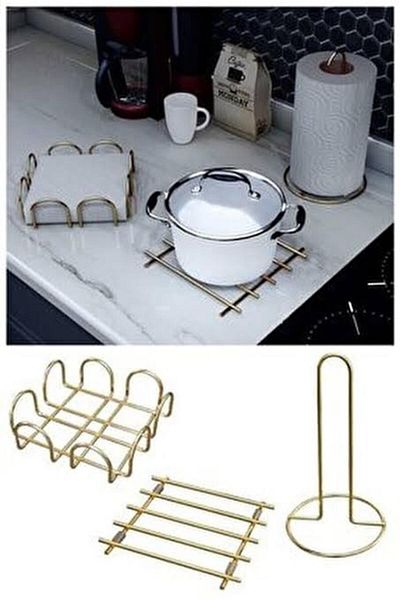 EMN GRUP 3-Piece Trivet Presentation Set - Towel Holder, Napkin Holder and Gold Gold Plated