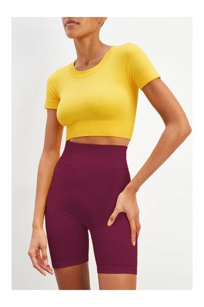 MİSTİRİK Felolin Model Knitted Seamless Shorts Biker Shorts High Waist Collector Shorts Burgundy Color