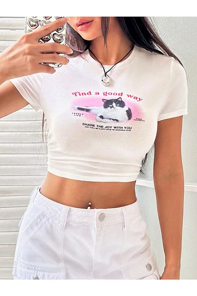 Jose Clothing Λευκό εμπριμέ γυναικείο Crop Top - Κοντό μανίκι που εφαρμόζει στο σώμα