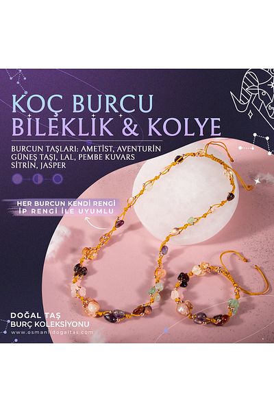OSMANLI DOĞAL TAŞ مجموعة أساور قلادة من الحجر الطبيعي من برج الحمل