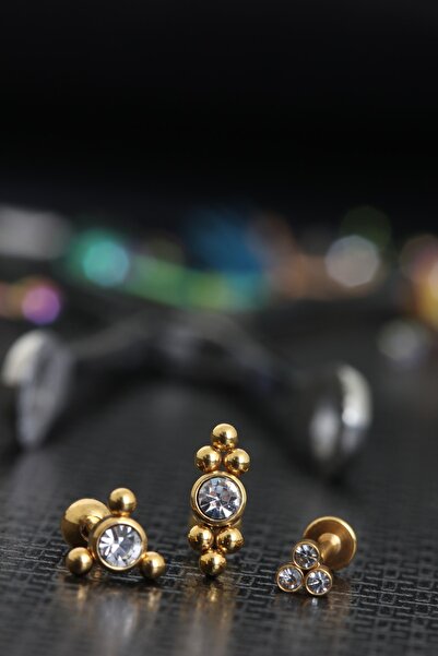 depozoom Zirkon Taşlı Cerrahi Çelik Kıkırdak Ve Tragus Set Piercing Gold