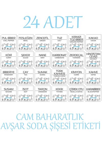 Entude 24'lü Cam Baharatlık Etiketi, Avşar Soda Şişesi ve Baharatlık Etiketi