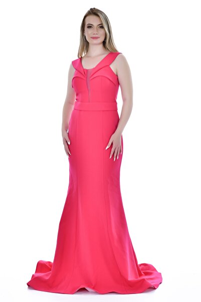 Kulis Fuşya Halter Yaka Kemer Detaylı Balık Model Uzun Krep Model Abiye & Mez...