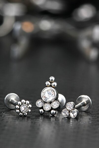 depozoom Cerrahi Çelik Kıkırdak Tragus Zirkon Taş 3'lü Set Piercing