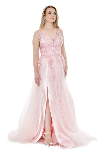 Kulis Pudra Askılı V Yaka Güpürlü Taşlı Yırtmaçlı Tül Abiye