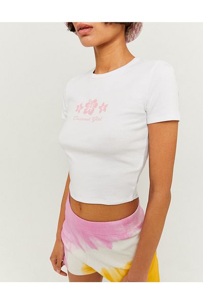 Jose Clothing Λευκό εμπριμέ γυναικείο Crop Top - Κοντομάνικη μπλούζα που εφαρμόζει στο σώμα