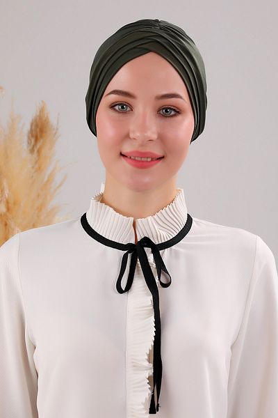 Melodi Scarf Γυναικείο Εξωτερικό Καπό Τριών Ριγών Cross Ready Turban Χακί