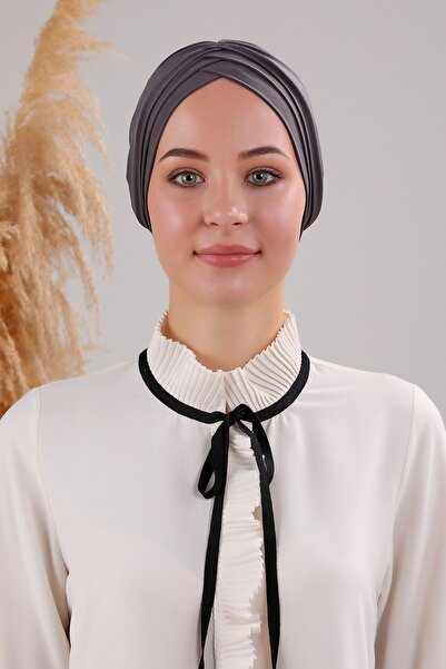 Melodi Scarf Women's Three-Striped Cross Ready-made Headscarf Blue Marine Outer Bonnet Anthracite Dark Gray