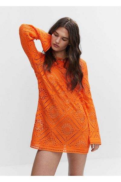 MANGO Woman Openwork Knitted Dress with Flared Sleeves