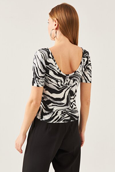 schlank Γυναικεία μπλούζα με γκρι μαύρο σχέδιο με κοντό μανίκι βισκόζης