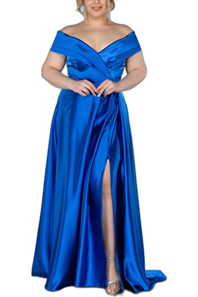 Arden Büyük Beden Uzun Abiye, Siyah, Saks, Mor Saten Omuzu Açık, Kloş Yırtmaç...