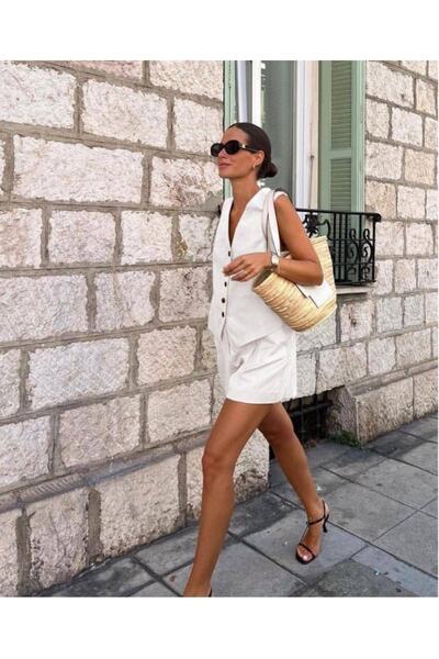 Miss Beyoğlu Комплект от ленен жилет и шорти