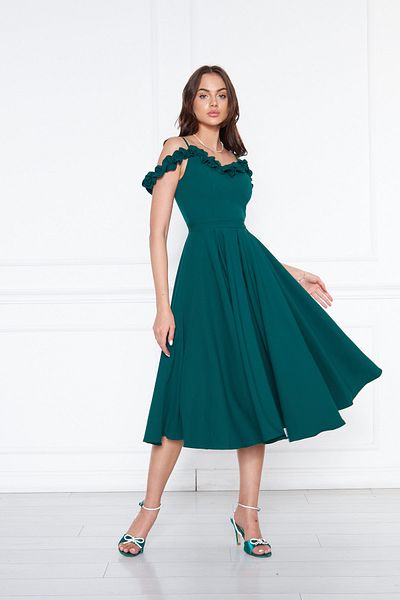 Bidoluelbise Women's Adjustable Strap Collar Ruffle Detail Woven Fabric Pleated Flared Midi Length Evening Dress