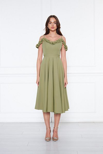 Bidoluelbise Women's Adjustable Strap Collar Ruffle Detail Woven Fabric Pleated Flared Midi Length Evening Dress