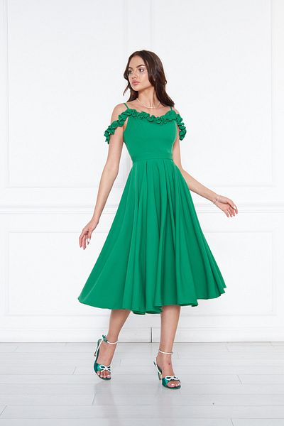 Bidoluelbise Women's Adjustable Strap Collar Ruffle Detail Woven Fabric Pleated Flared Midi Length Evening Dress