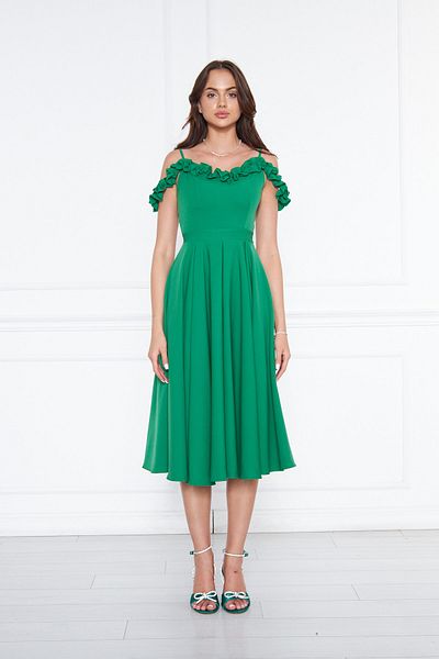 Bidoluelbise Women's Adjustable Strap Collar Ruffle Detail Woven Fabric Pleated Flared Midi Length Evening Dress