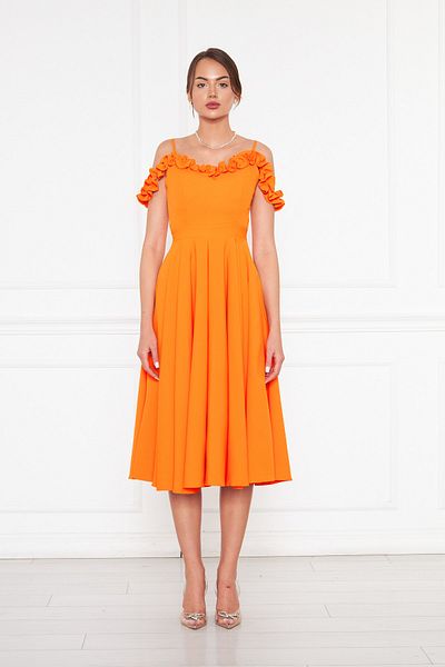 Bidoluelbise Women's Adjustable Strap Collar Ruffle Detail Woven Fabric Pleated Flared Midi Length Evening Dress