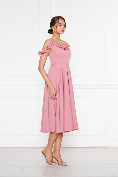 Bidoluelbise Kadın Ayarlanabilir Askılı Yaka Fırfır Detay Dokuma Kumaş Pileli Kloş Midi Boy Abiye Elbise