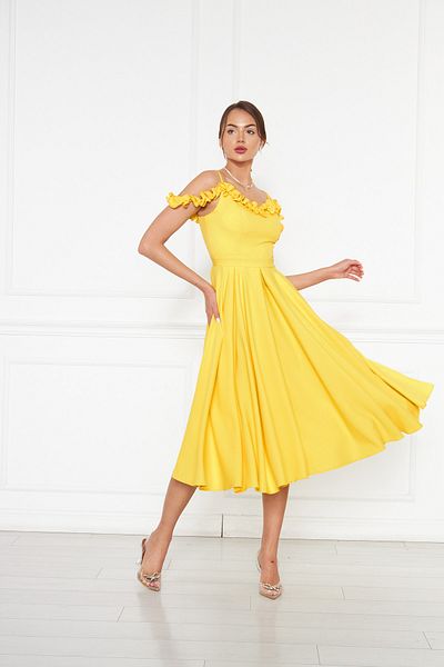 Bidoluelbise Women's Adjustable Strap Collar Ruffle Detail Woven Fabric Pleated Flared Midi Length Evening Dress