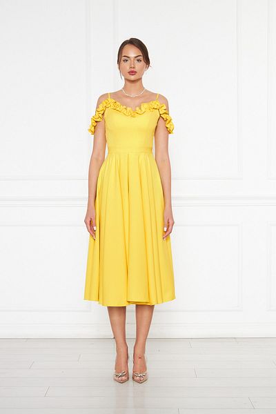 Bidoluelbise Women's Adjustable Strap Collar Ruffle Detail Woven Fabric Pleated Flared Midi Length Evening Dress