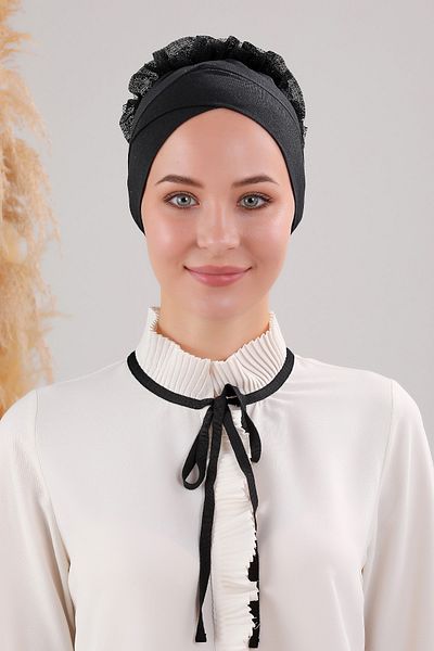 Melodi Scarf Hijab Frilly Cross Bonnet Black