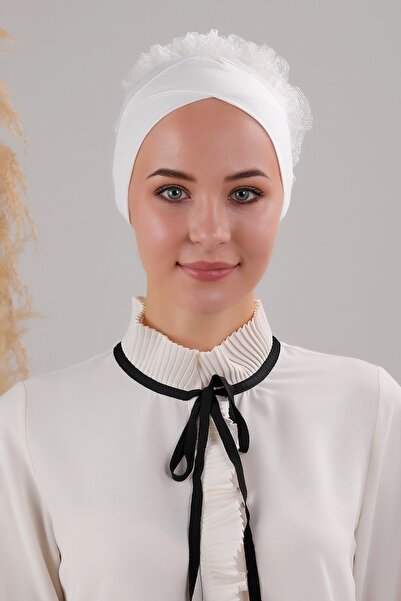 Melodi Scarf Tesettür Fırfırlı Çapraz Bone Ekru